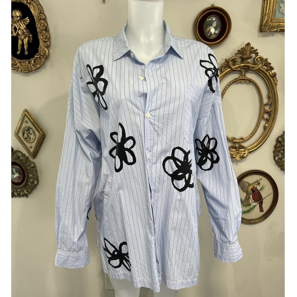 Moditec Flower Print Oversized Stripe Shirt Blue White Black Size 2 Cotton